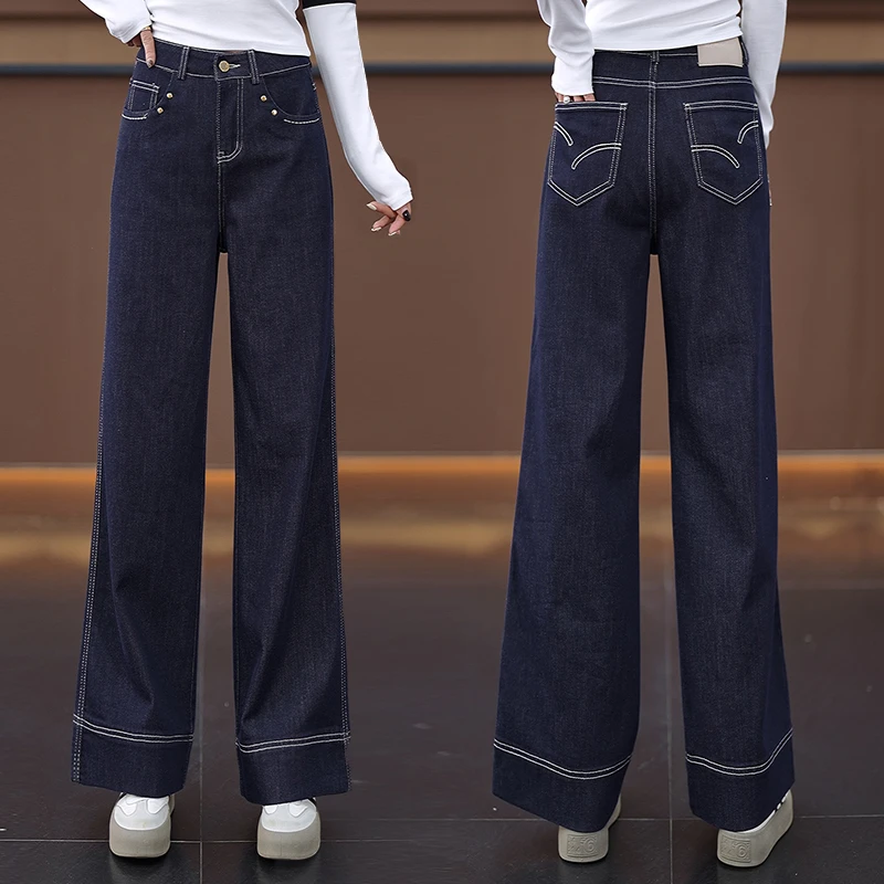丹宁蓝爆款阔腿牛仔裤2025新款高腰宽松小个子直筒女裤春秋款
