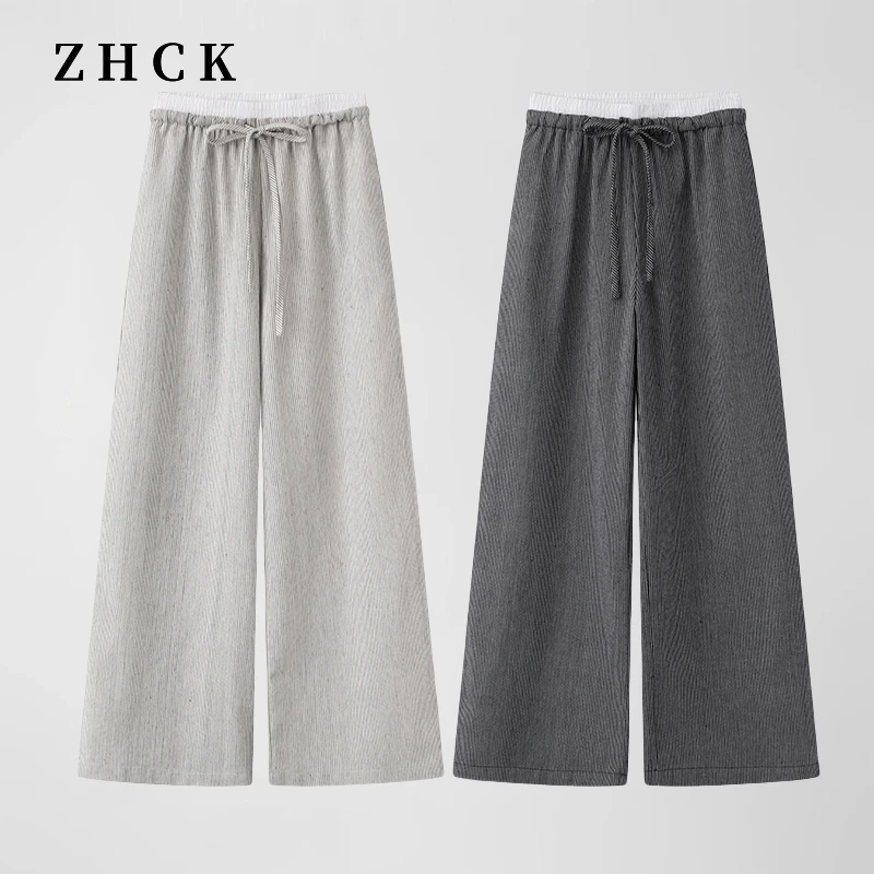 ZHCK条纹松紧腰直筒裤2025新款韩系直筒显瘦慵懒感休闲裤外穿女