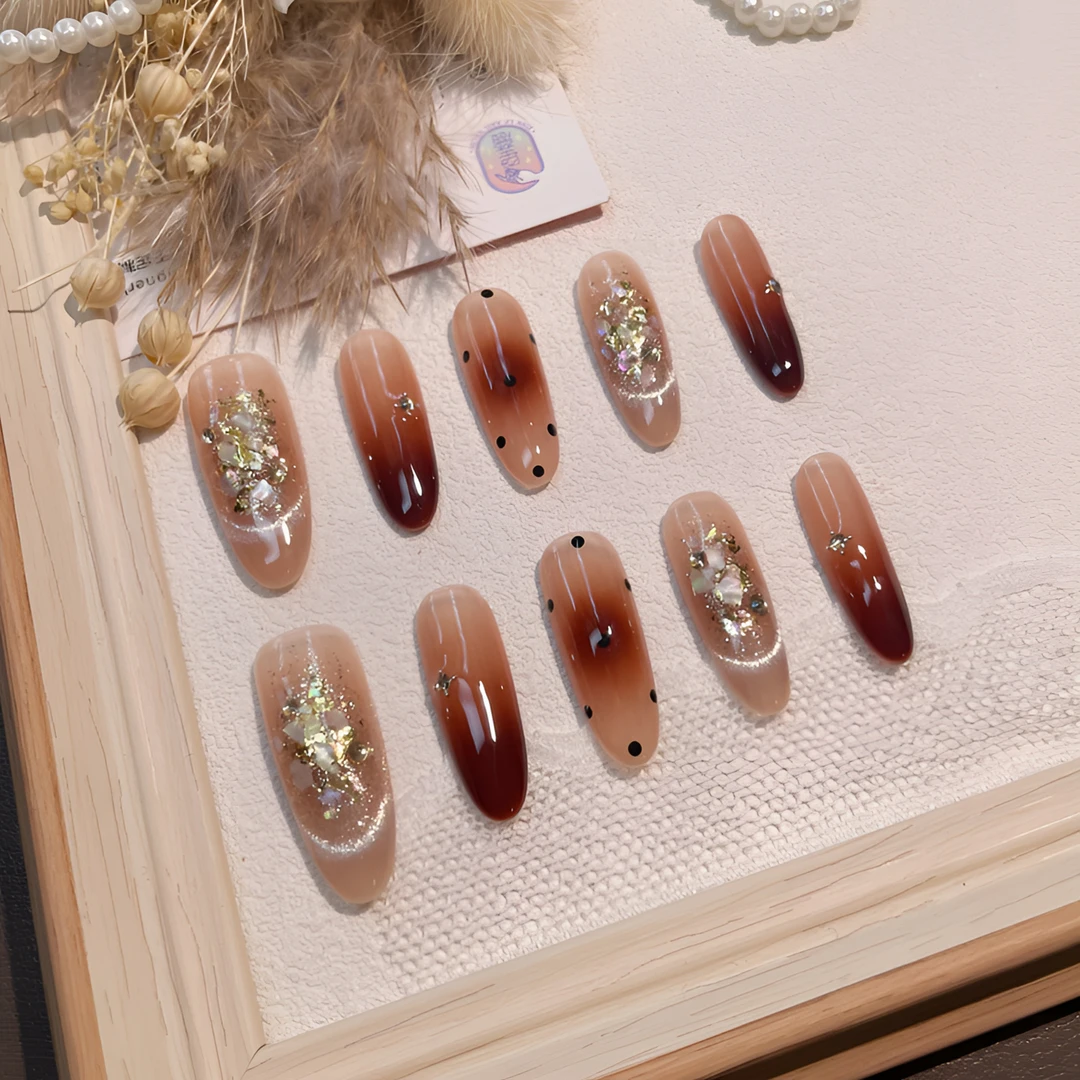 A2114『金碎美式』深咖渐变晕染波点金箔银碎猫光贝壳纯手工穿戴甲