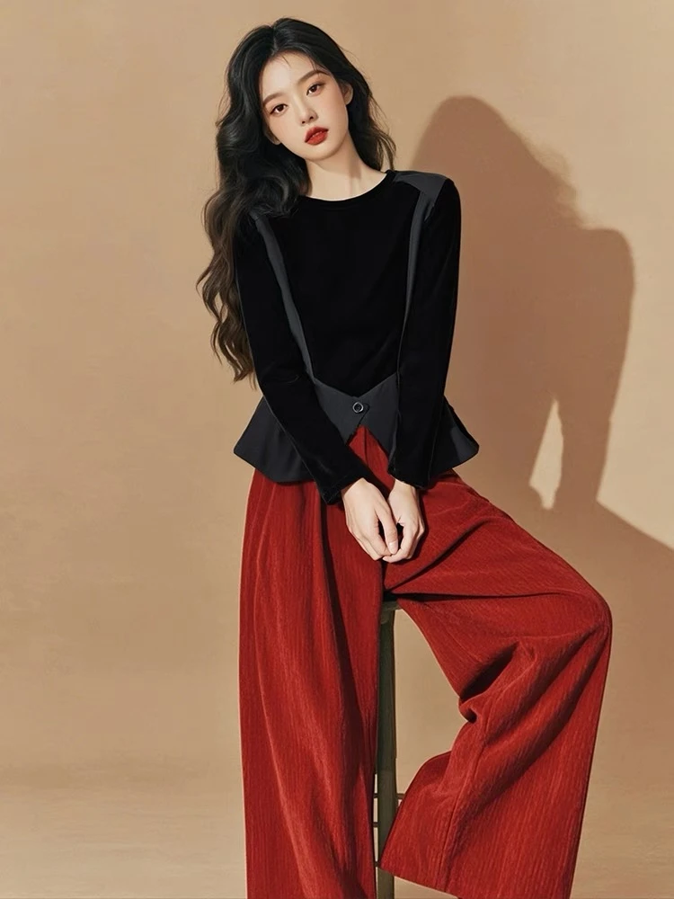 小香风套装独特漂亮大方得体穿搭黑色假两件丝绒衬衫阔腿裤两件套