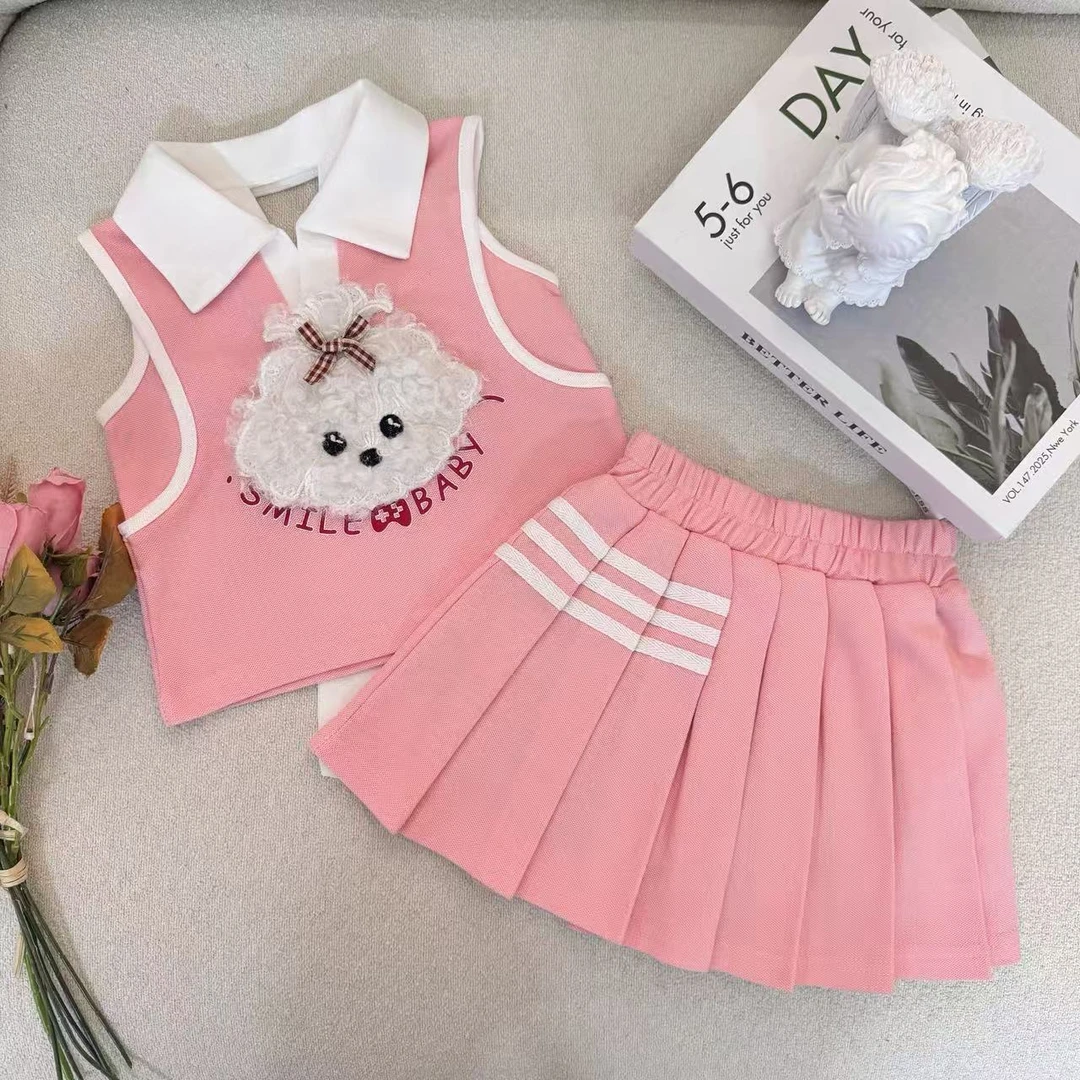 女童无袖半身裙套装2025新款夏季儿童卡通polo领学院风百褶裙洋气