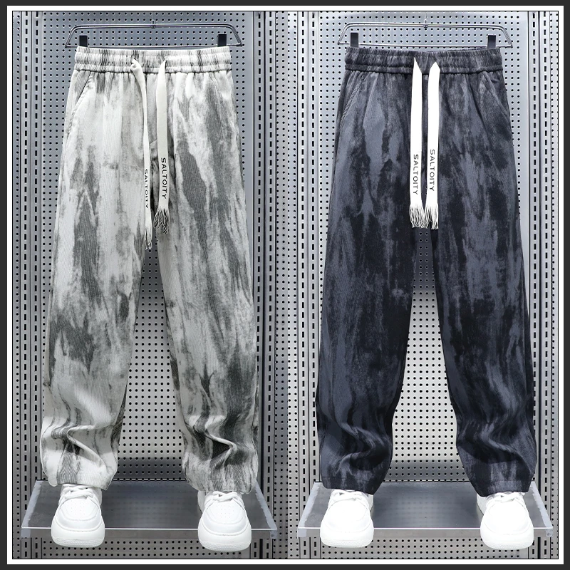 早秋新款扎染裤子男2025秋季美式潮牌阔腿直筒简约百搭休闲长裤男