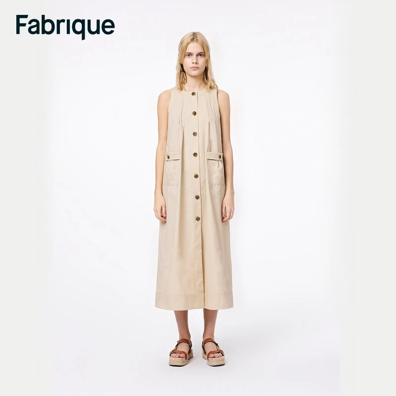 【Fabrique】 A型卡其色工字褶无袖连衣裙夏季新款工装款连衣裙女