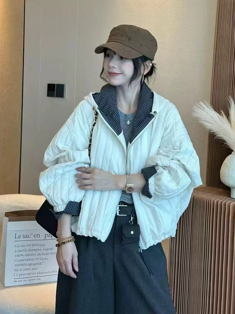 连帽夹棉短外套女格子拼接二棉夹克2025秋季新款轻薄棉服薄款棉衣