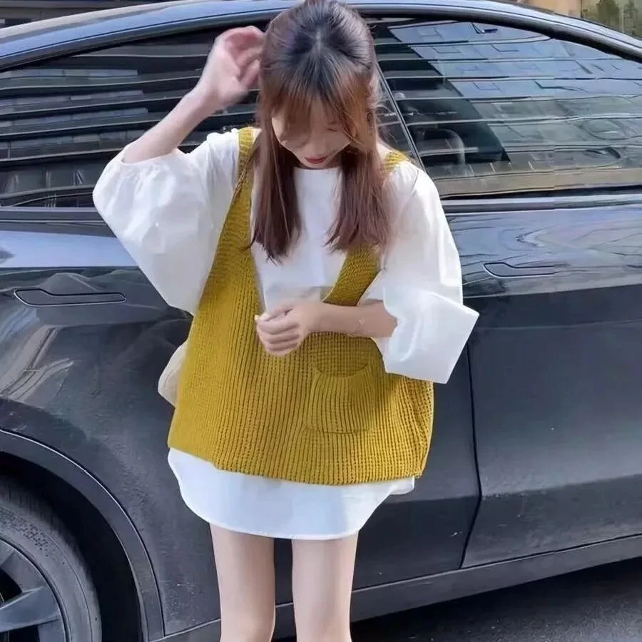两件套韩系减龄针织衫叠穿马甲衬衫女2025新款宽松时尚穿搭上衣女