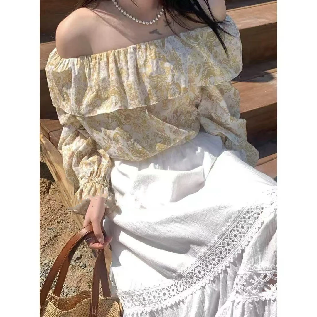 欧洲站2025夏季新款设计师款小众甜美一字领露肩碎花花色衬衫1519