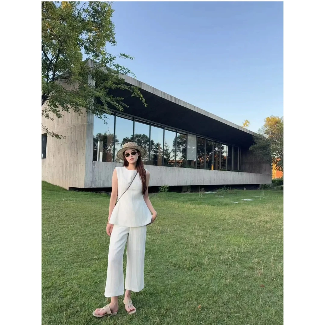 【文文专属】天丝亚麻简约夏季套装休闲白色显瘦女上衣+裤子两件套