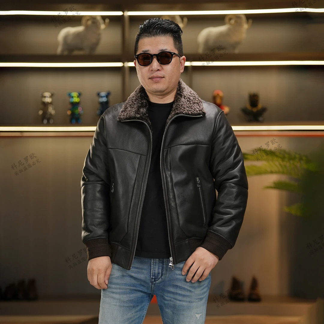 男士Lacon拉贡皮毛一体休闲夹克高级简约立领时尚外套冬季51883棕