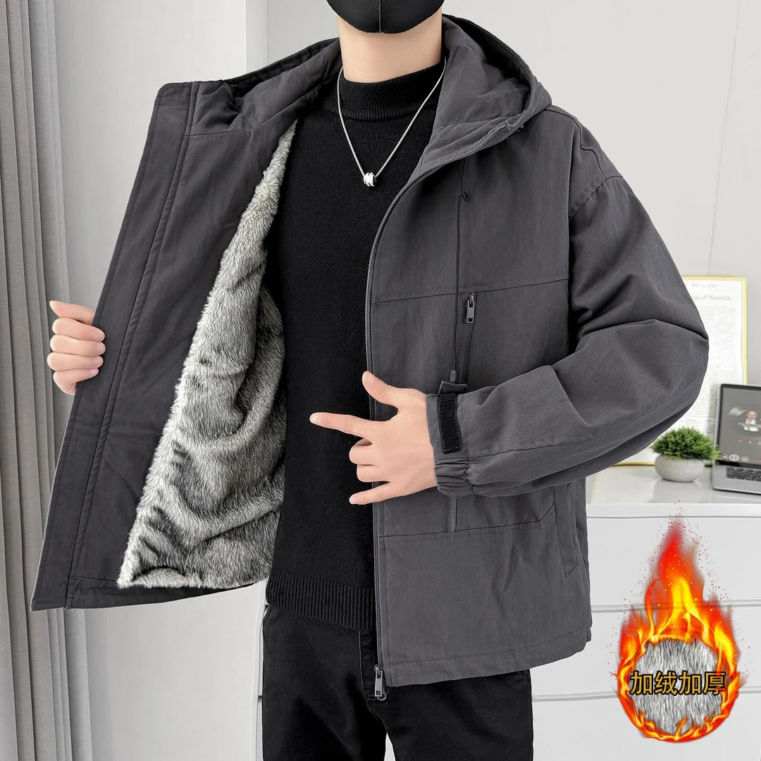 男士高级外套男款秋冬款夹克新款美式潮流休闲加绒加厚连帽冲锋衣