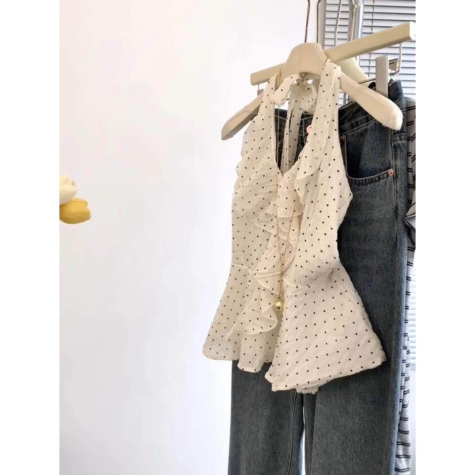 法式设计感荷叶边挂脖波点背心2025夏季新款小众修身显瘦女装上衣