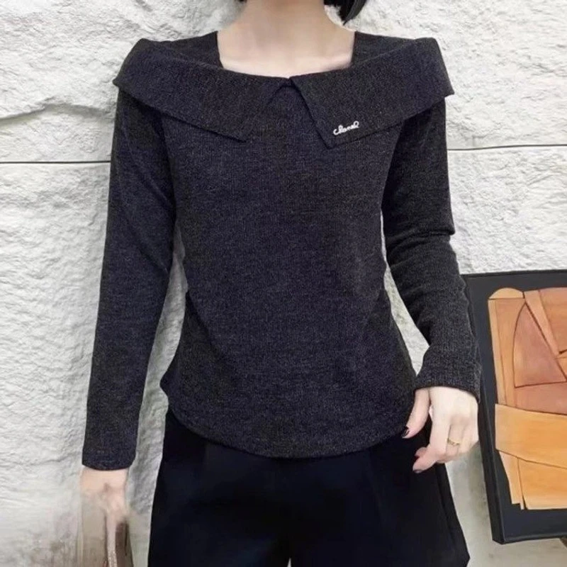 春季新款纯色长袖女T恤设计感一字肩翻领小众针织上衣年轻妈妈装