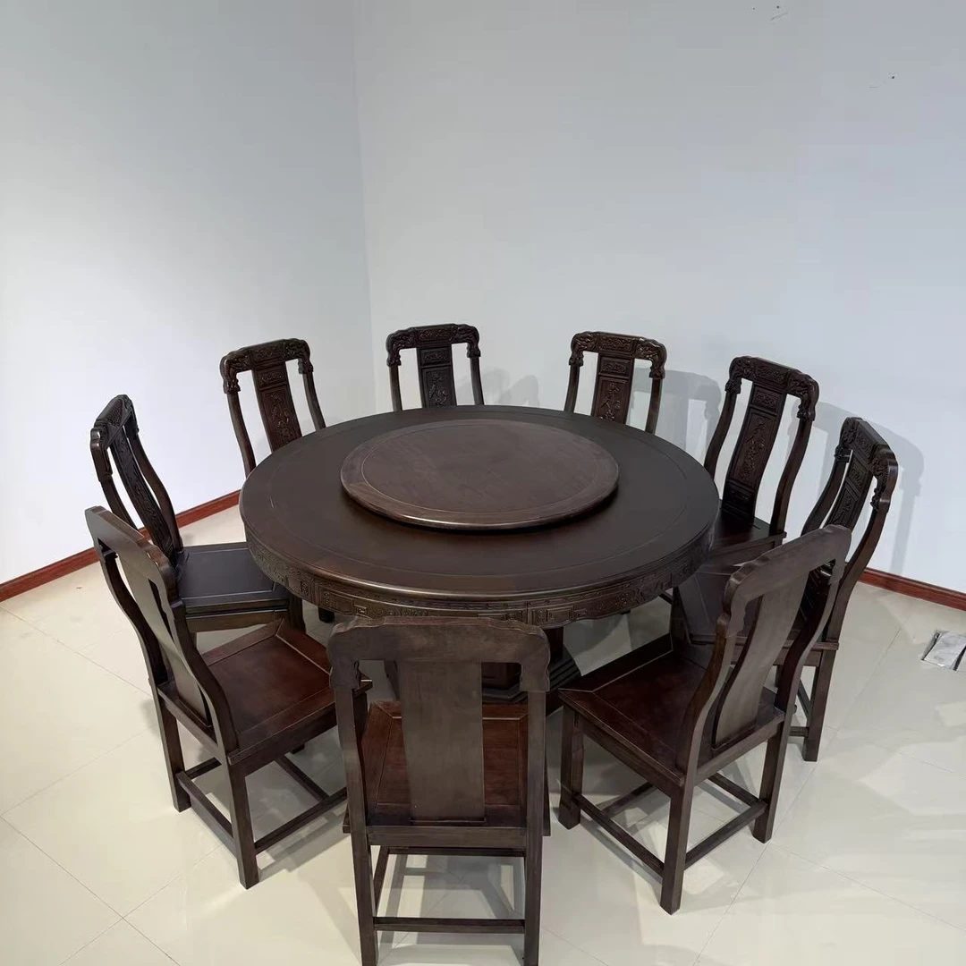 古典榫卯框架结构新古典圆形餐桌餐台圆桌饭桌子餐椅餐厅家具