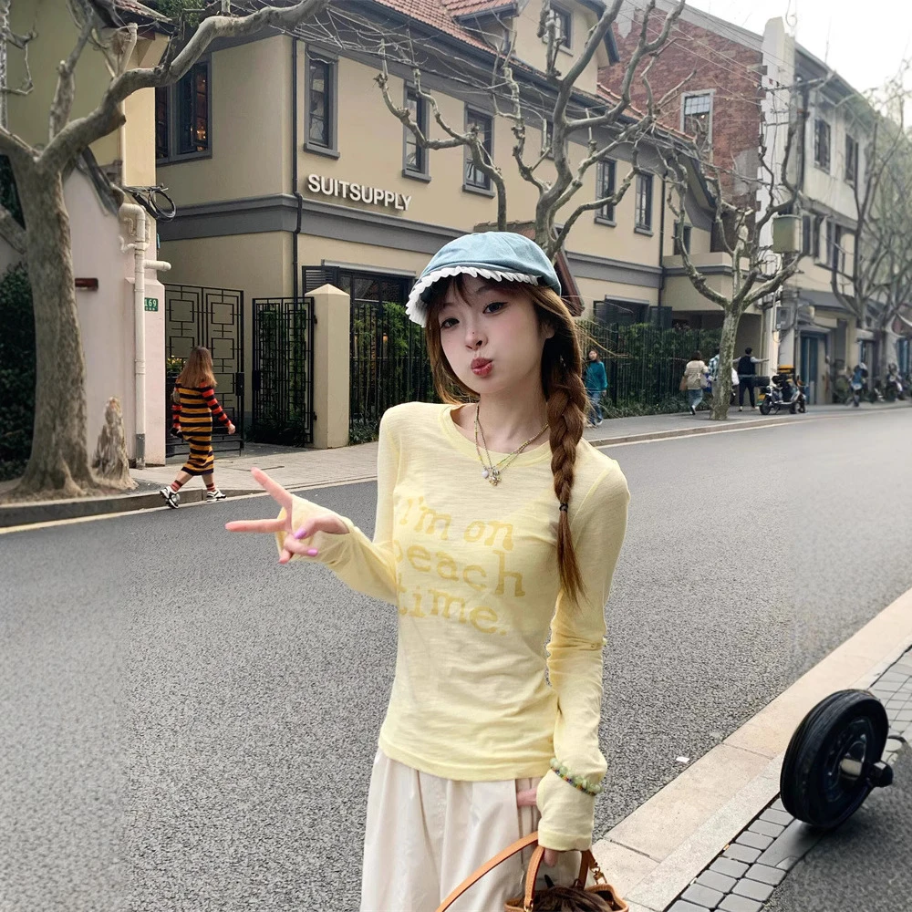 美式复古黄色字母印花长袖T恤女秋季薄款小个子外搭防晒罩衫上衣