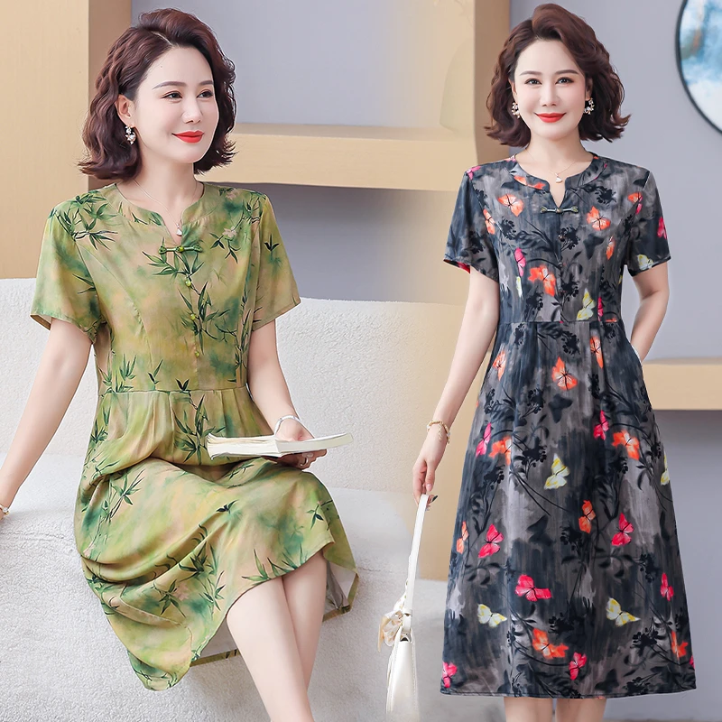 洋气妈妈装2025夏季新款棉绸短袖连衣裙中老年女士人造棉中长裙子