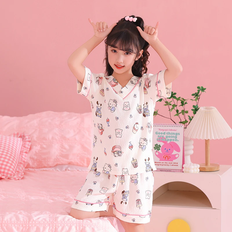 夏季女童睡衣2025新款儿童卡通短袖云朵棉套装中大童可外穿家居服