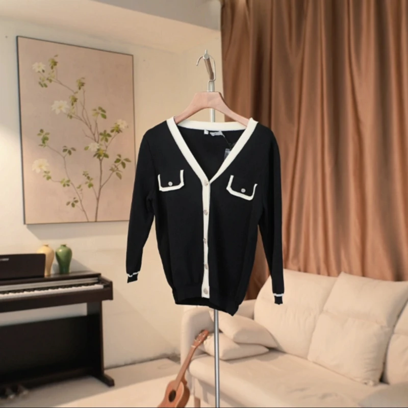 G446 早春款黑白拼接小香风针织开衫女 4D32