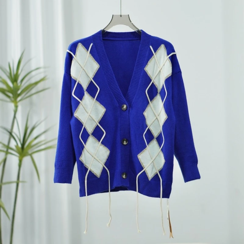 【诗M】O-443  时尚撞色菱格毛织外套蓝色2558569