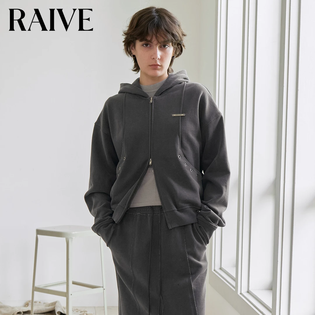 【RAIVE】2025秋冬新款上衣复古学院灰双拉链口袋连帽拉链卫衣外套
