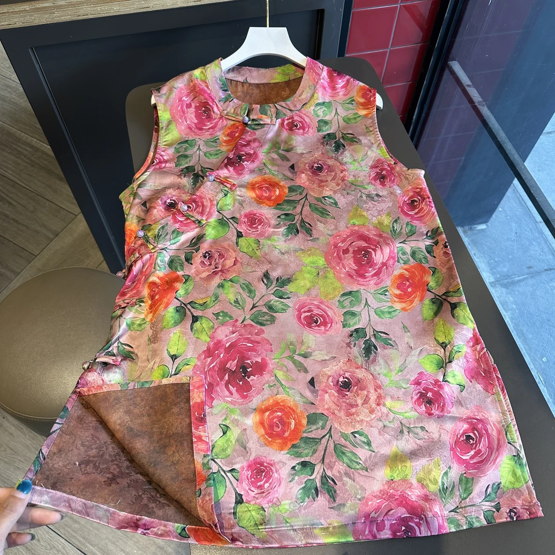 【玫瑰的故事 奥黛】气质时尚斜襟中式无袖手工扣长款开叉上衣