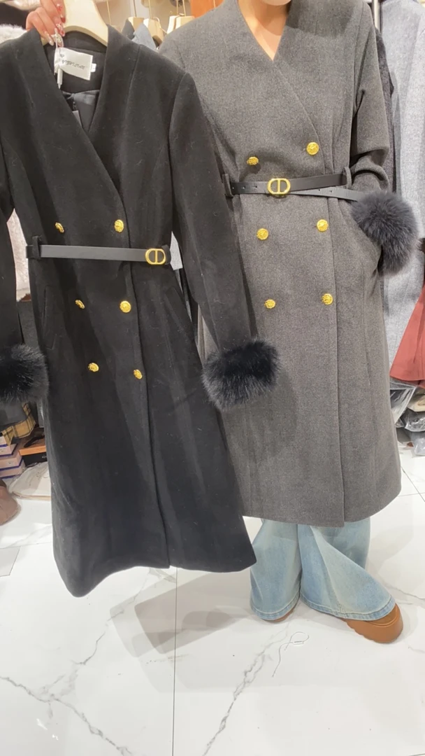 高级感V领双排扣收腰显瘦大衣外套