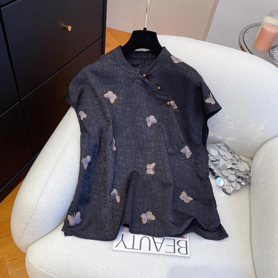 高端欧货2025夏季时尚新款立领复古盘扣印花蝴蝶飞飞袖衬衫女上衣