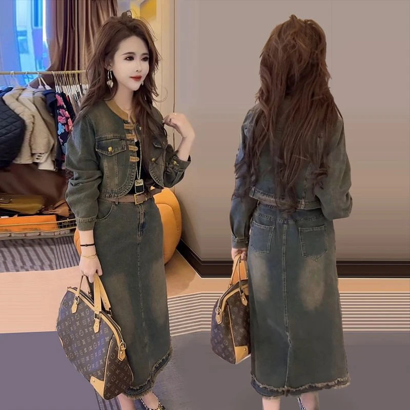 中式国潮风复古时尚牛仔套装裙女春秋新款盘扣短外套半身裙两件套