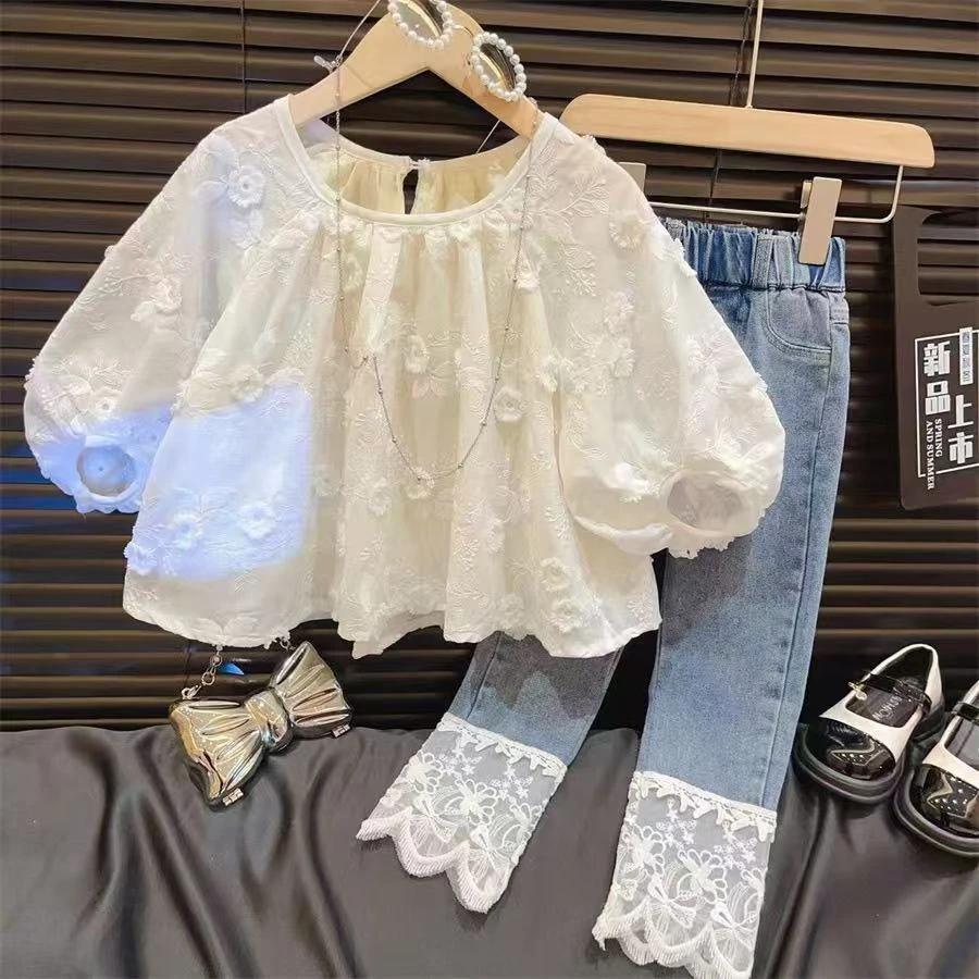 女童衬衫2025新款儿童衬衣娃娃衫立体刺绣洋气上衣花边牛仔裤套装