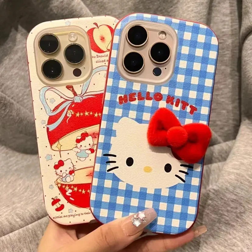 蓝格纹苹果小猫适用苹果16pro手机壳iPhone15promax皮纹14pro可爱