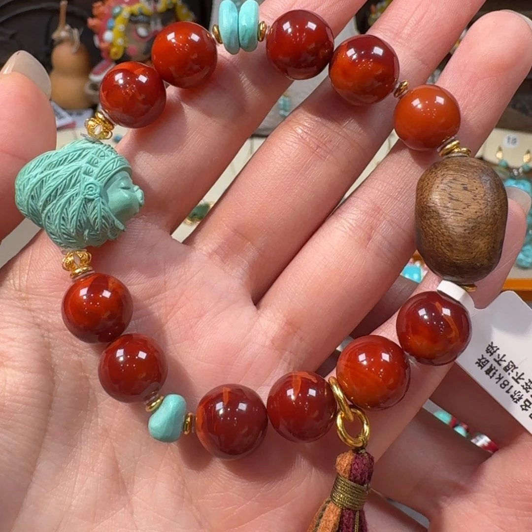 绿松石18K金镶嵌手串嘟嘟嘴南红
