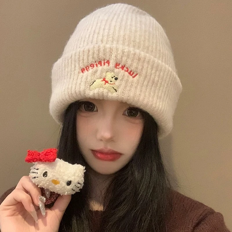 可爱小狗刺绣针织帽女韩系秋冬保暖显脸小护耳毛线帽百搭冷帽子男
