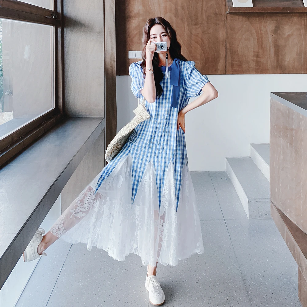 蕾丝拼接格子连衣裙女2025夏季法式温柔风甜美减龄泡泡袖晕染长裙