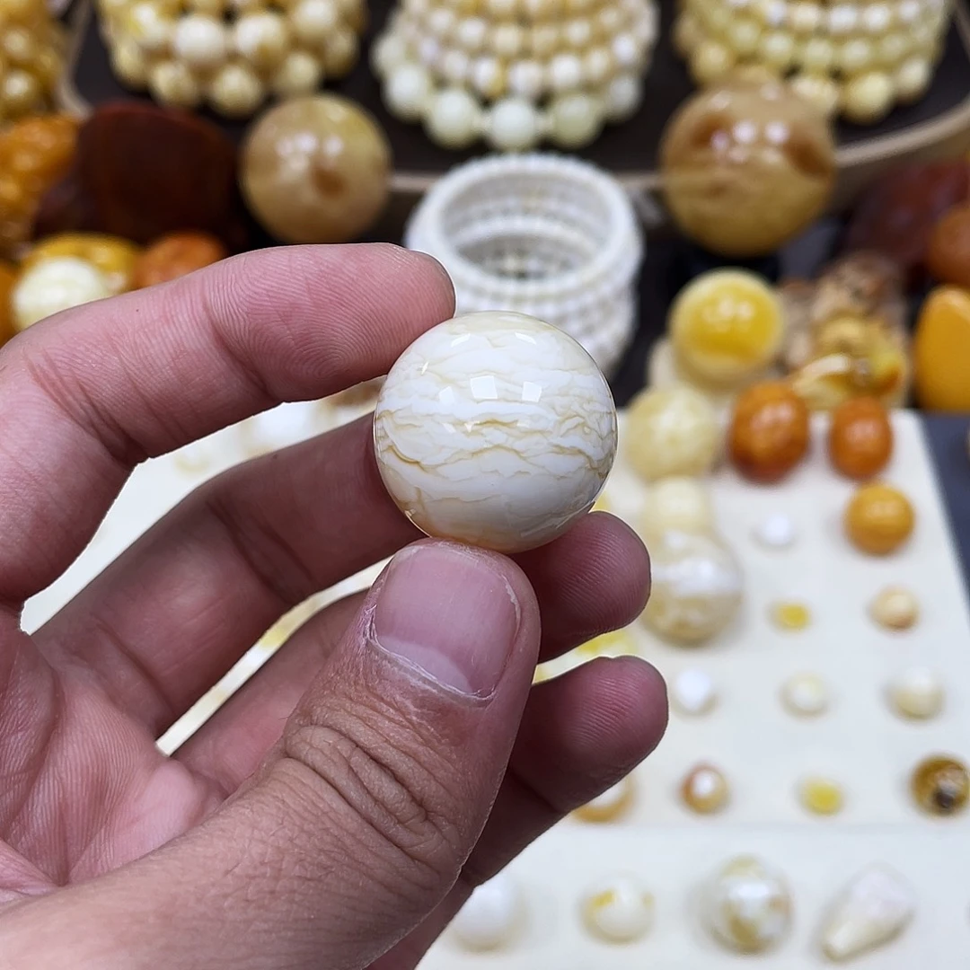 蜜蜡未镶嵌珠宝奇石24.0mm【金丝瓷白】打孔不予退货·圆珠