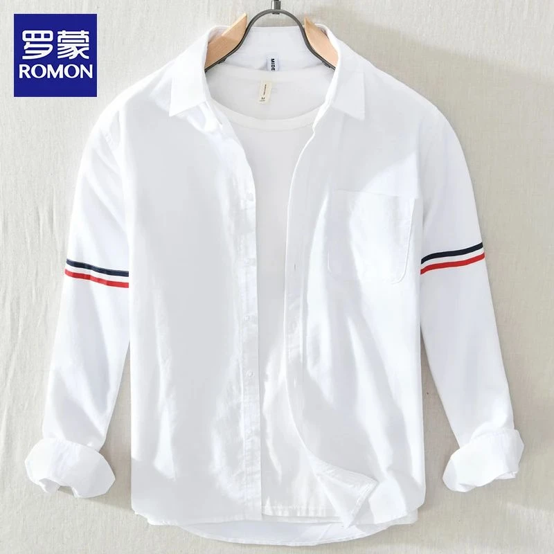 罗蒙男士白色牛津纺衬衫日系长袖宽松潮流外穿衬衣外套上寸衣男装