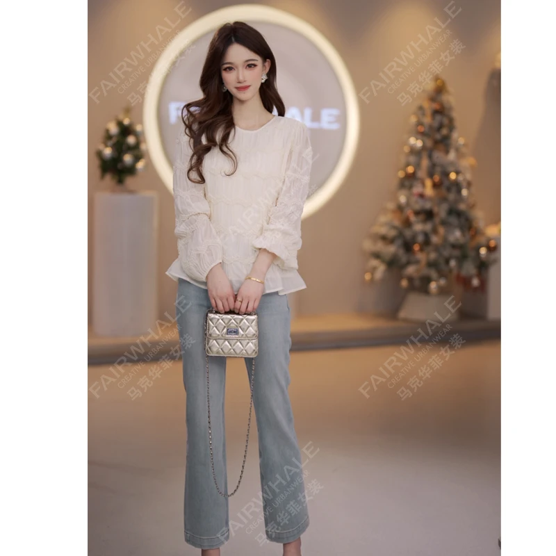 马克华菲女装春季蕾丝圆领时尚上衣衬衫女设计上衣长袖气质显瘦