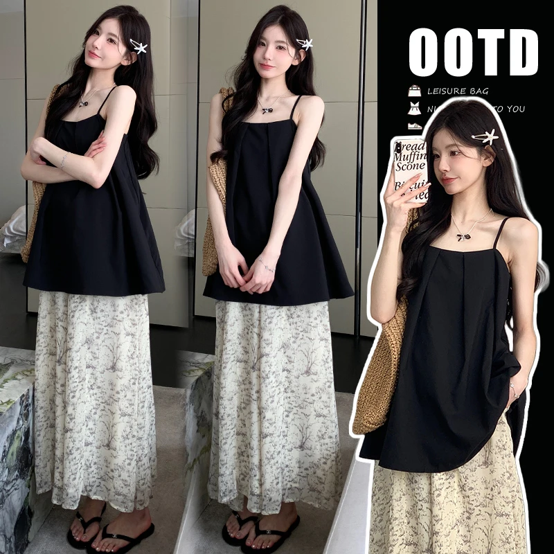时尚显瘦2025夏装套装简约时尚吊带娃娃衫碎花阔腿裤裙两件套裤子