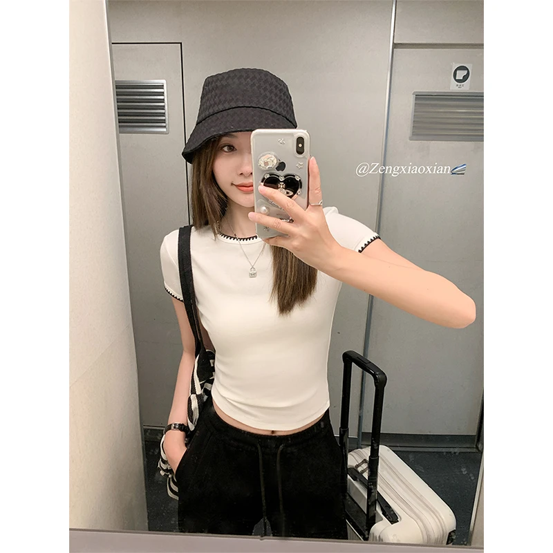 曾小咸 简约休闲修身显瘦短袖T恤女2025圆领短款上衣Z251TXR0962