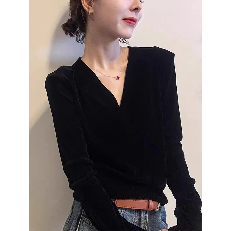 法式气质丝绒V领长袖T恤女秋冬高级感内搭休闲纯色显瘦打底衫上衣