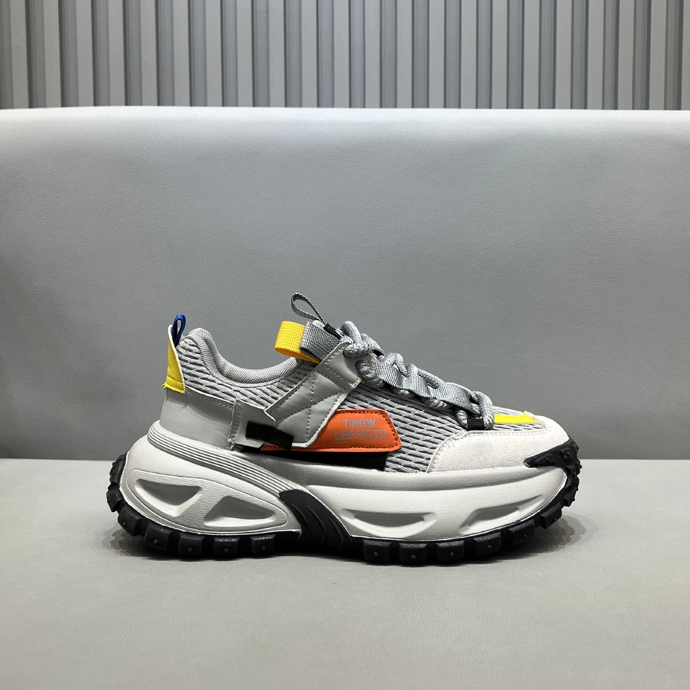 低帮时尚休闲鞋秋季厚底春秋系带百搭薄款黑色男士潮流老爹鞋轻奢