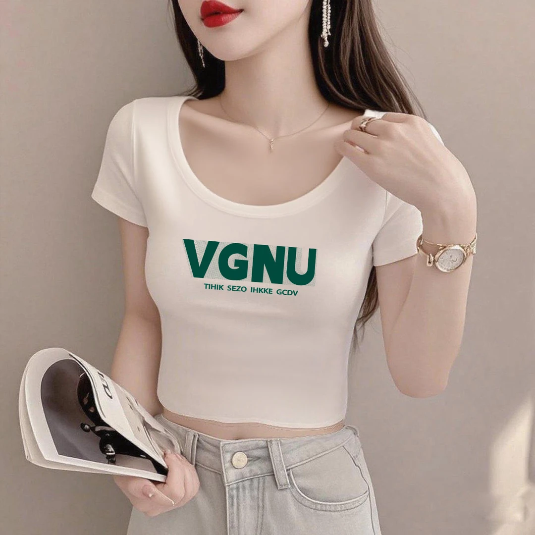 白色圆领正肩短袖短款t恤女夏季韩版修身显瘦辣妹百搭小众上衣ins