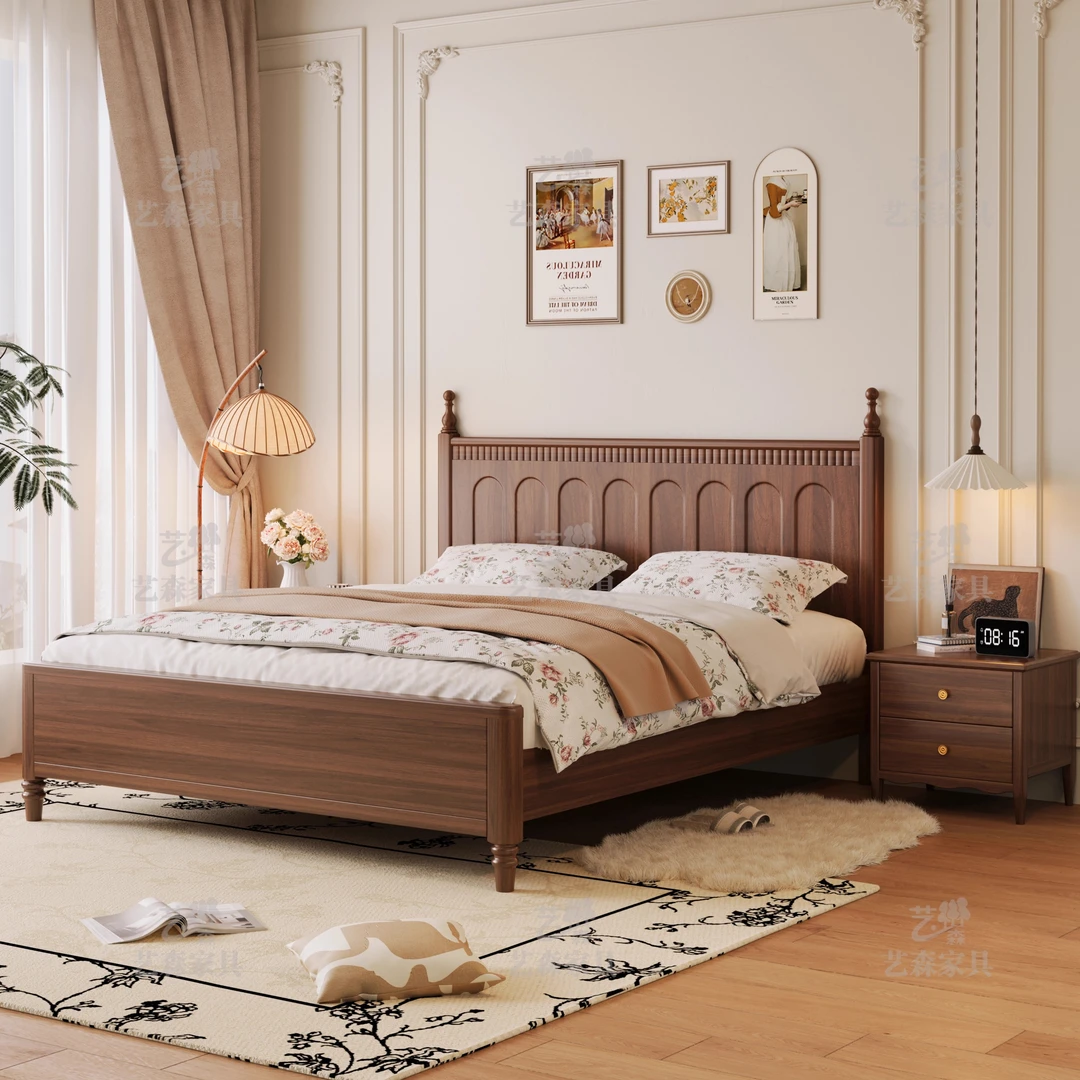 全实木床新中式实木床1米8双人主卧室中古风床1.5米胡桃木复古床