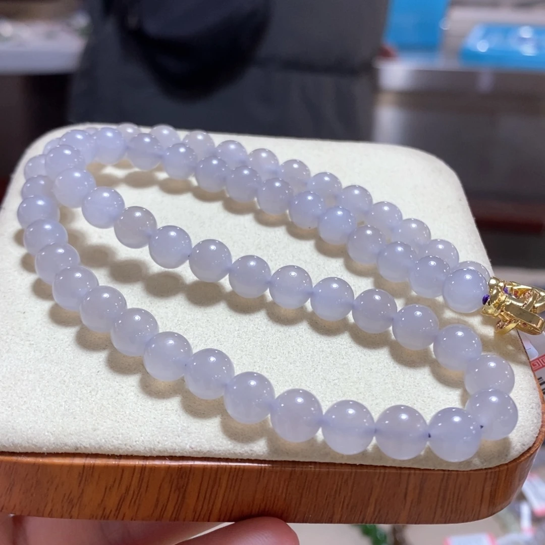 和田玉手串未镶嵌高冰烟紫卡8妈妈链