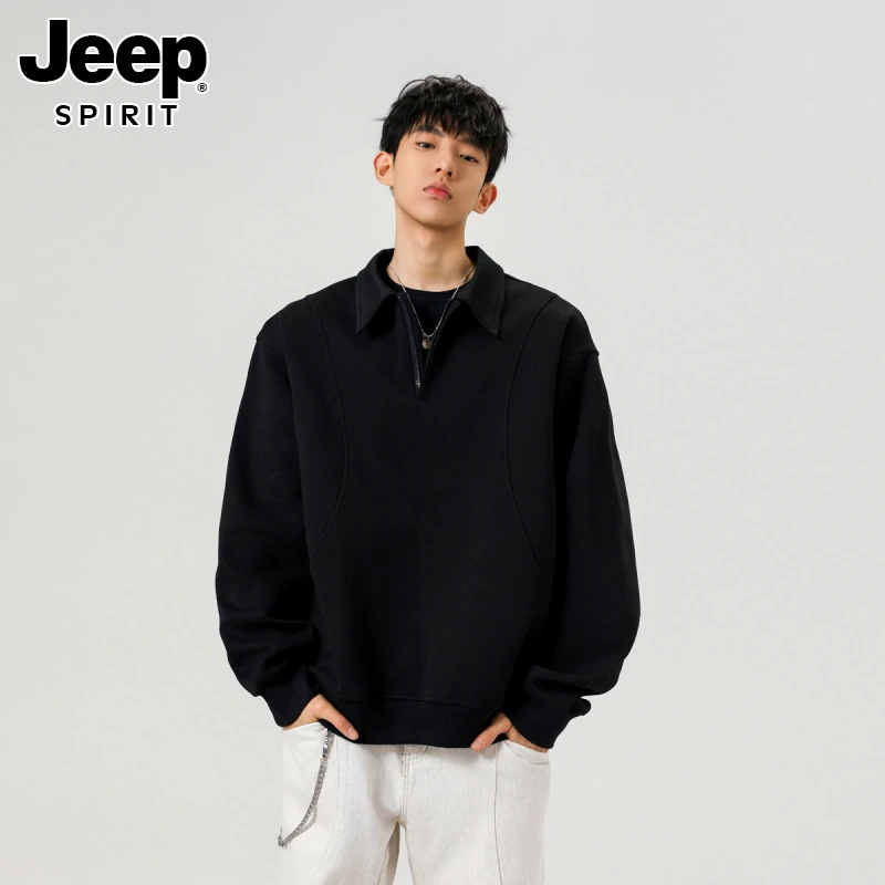 JEEPSPIRIT美式复古半拉链卫衣男秋冬潮重磅运动宽松翻领长袖t恤