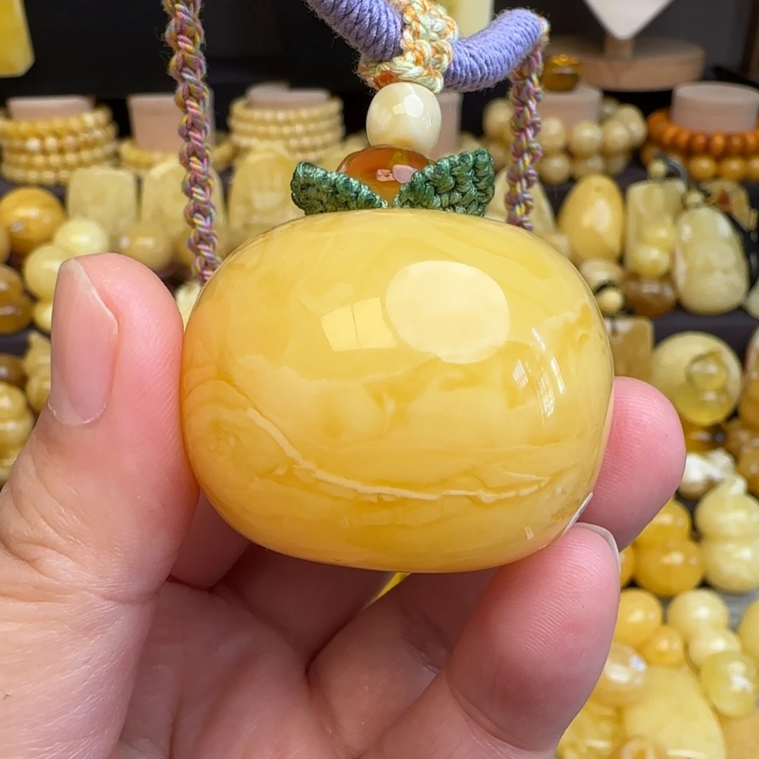 琥珀未镶嵌套链天然满蜡焦皮料虎皮妖花纹墩子柿柿如意吊坠