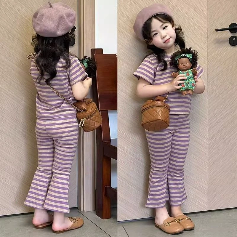 儿童短袖女童套装休闲夏季2025新款韩版洋气条纹喇叭裤两件套