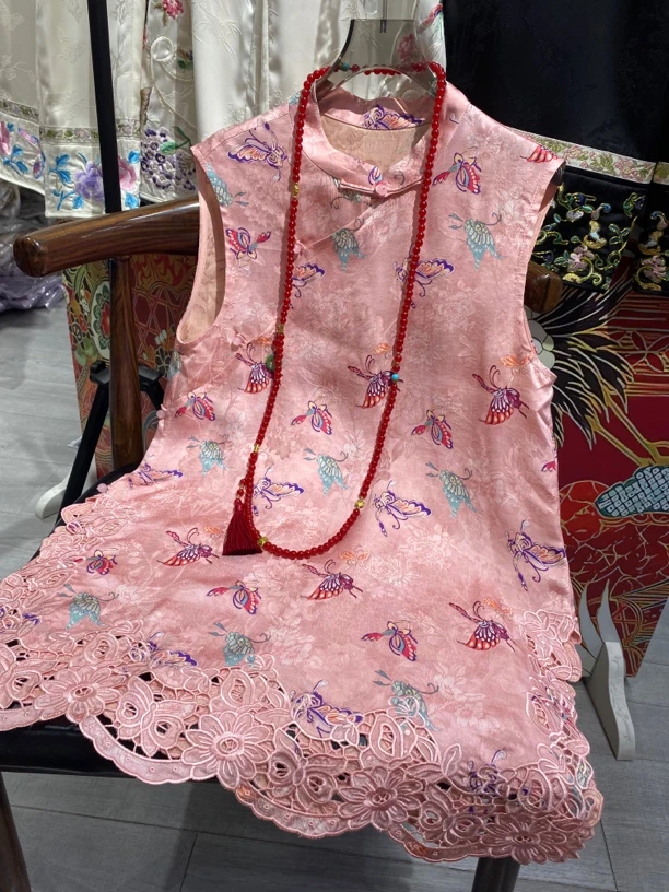 新中式人丝香云纱蝶恋花提花镂空刺绣江南风旗袍背心裙9533