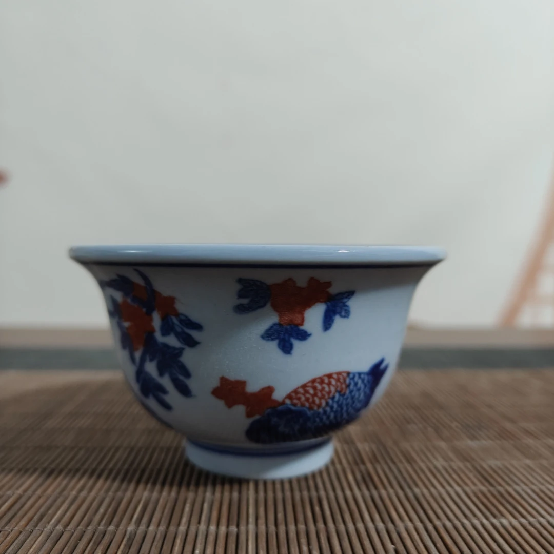 景德镇陶瓷紫稀土鲤鱼鱼藻压手杯主人杯柴窑手绘家用品茗杯茶杯