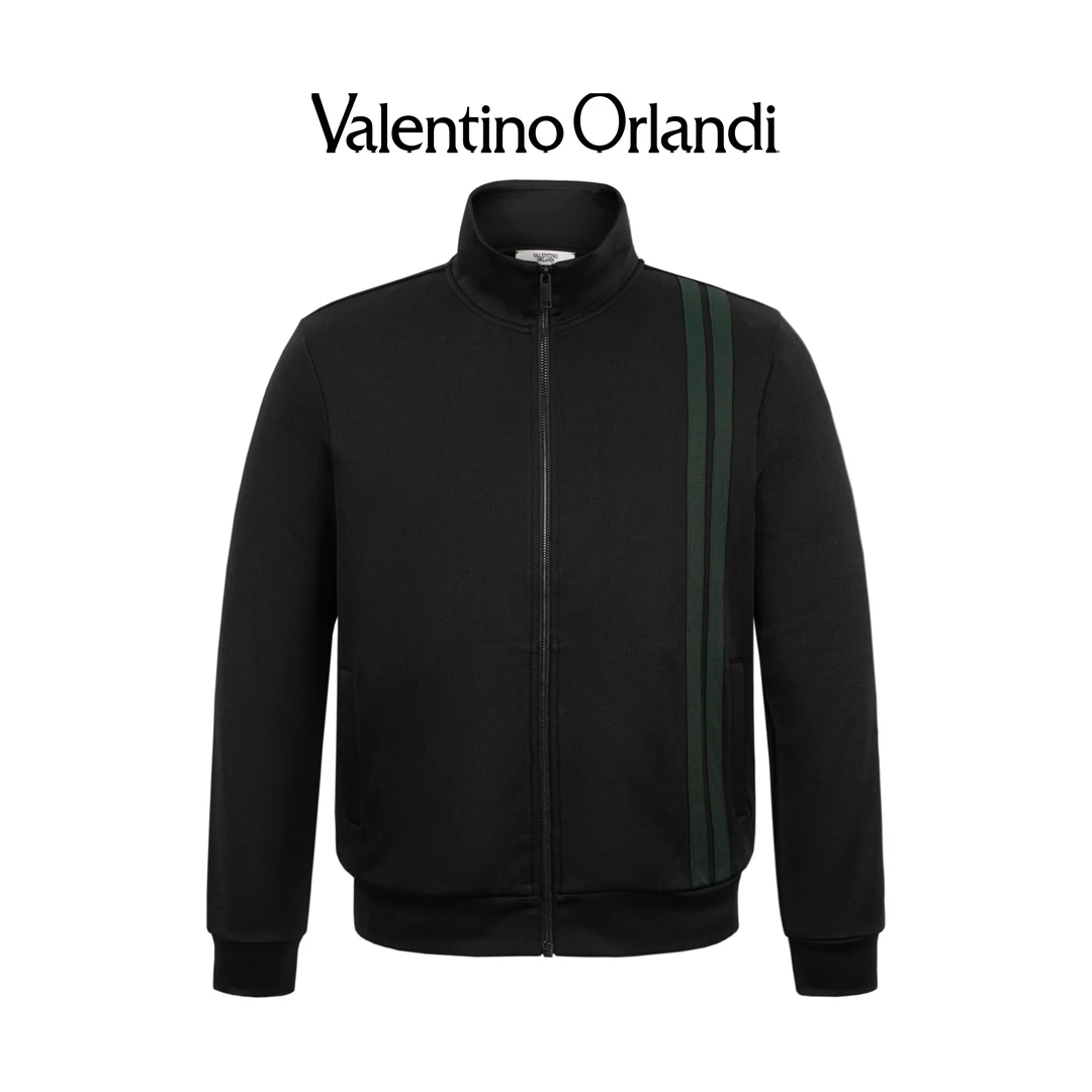 Valentino orlandi男士秋冬时尚休闲撞色拼接条纹长袖套装外套