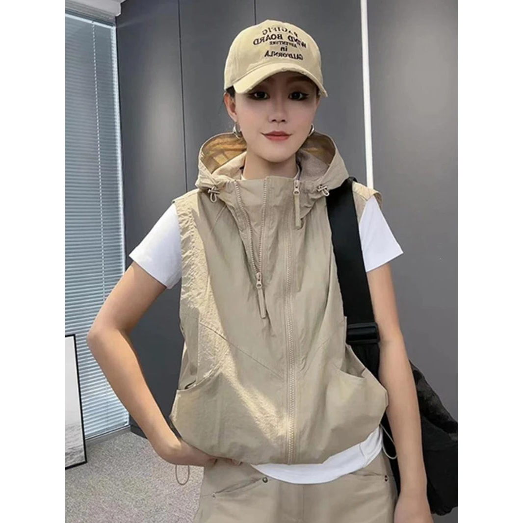 夏季薄款连帽马甲女2025新款透气韩版宽松显瘦双拉链休闲马夹外套