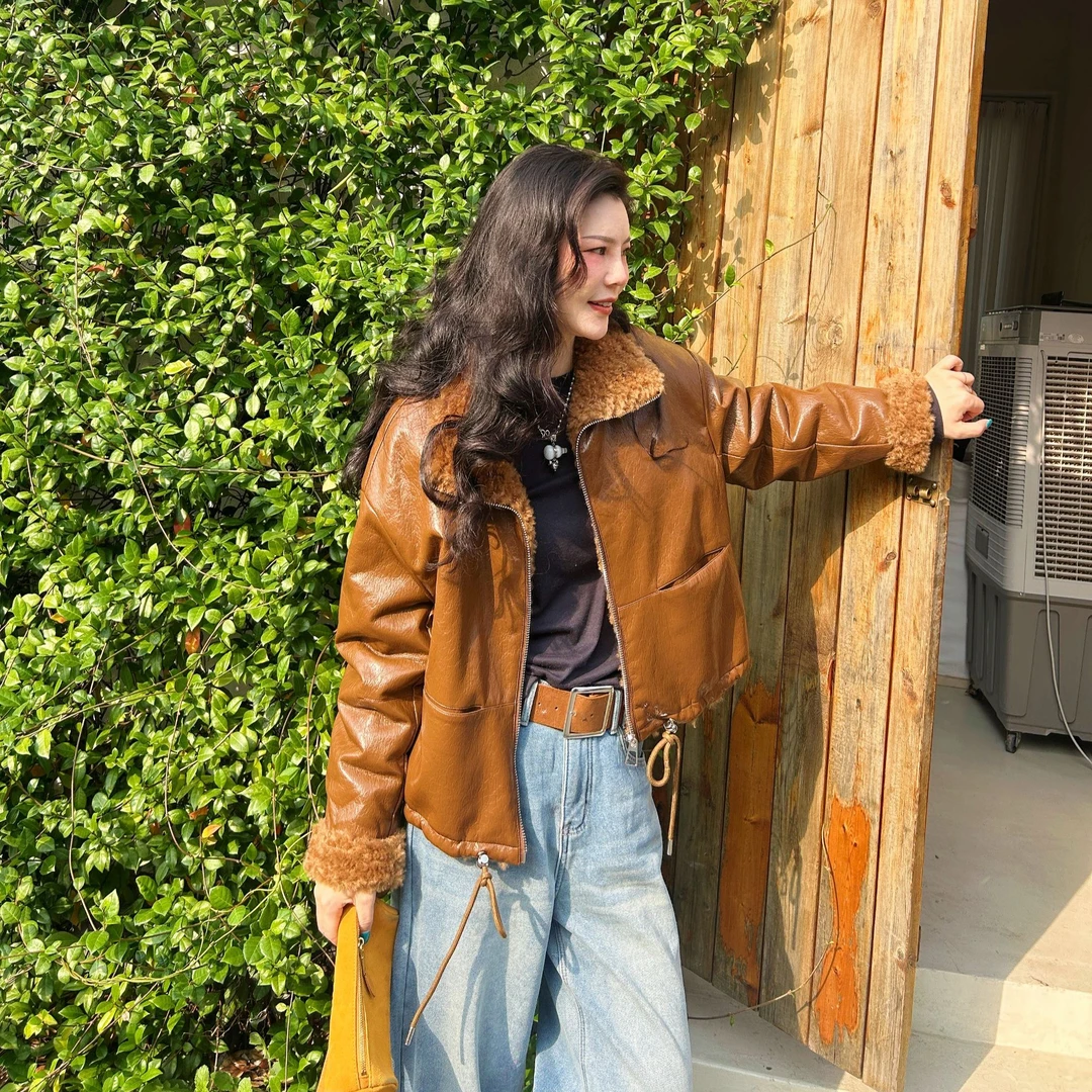 ·砚香·非遗新中式手工皮衣复古羊羔毛领皮毛一体冬季女装加厚百搭