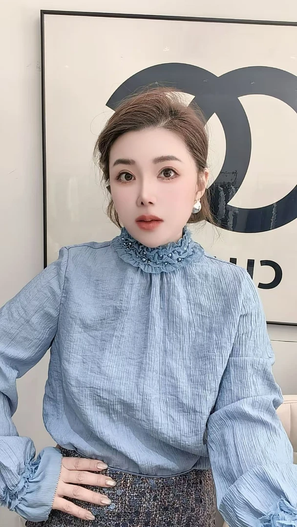 甜美风长袖修身型秋季木耳领衬衫立领衬衫时尚